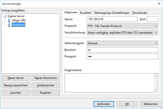 FileZilla Verbindungseinrichtung